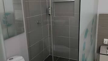 A modern bathroom with a glass-enclosed shower, a white toilet, and a wooden vanity with a mirror.