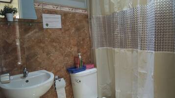 Een badkamer met een wastafel, toilet en douchegordijn.