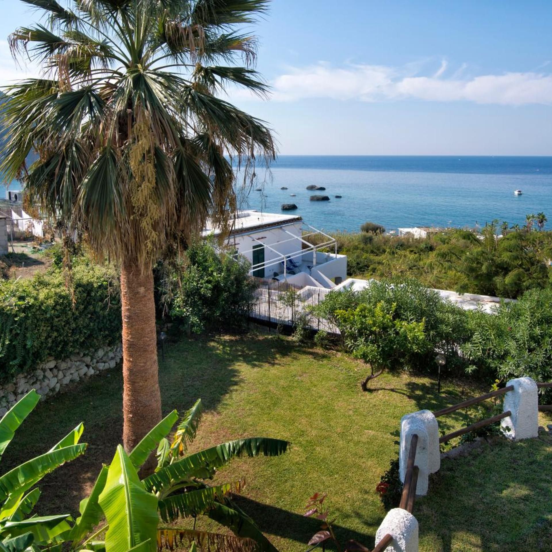 A coastal property with a view of the sea, a palm tree, and a white building with a balcony.