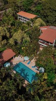 Vista aérea de un resort con piscina, sillones de descanso y abundante vegetación.