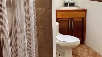 Un baño con cortina de ducha, inodoro, lavabo con espejo y ventana con persianas.