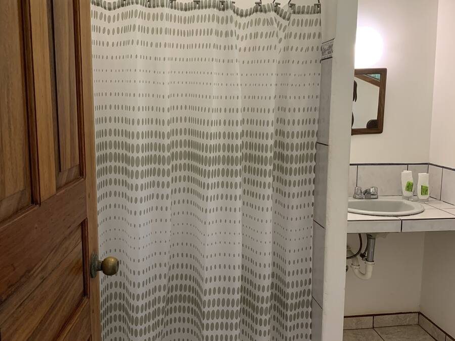 A bathroom with a shower curtain, a sink, and a mirror.