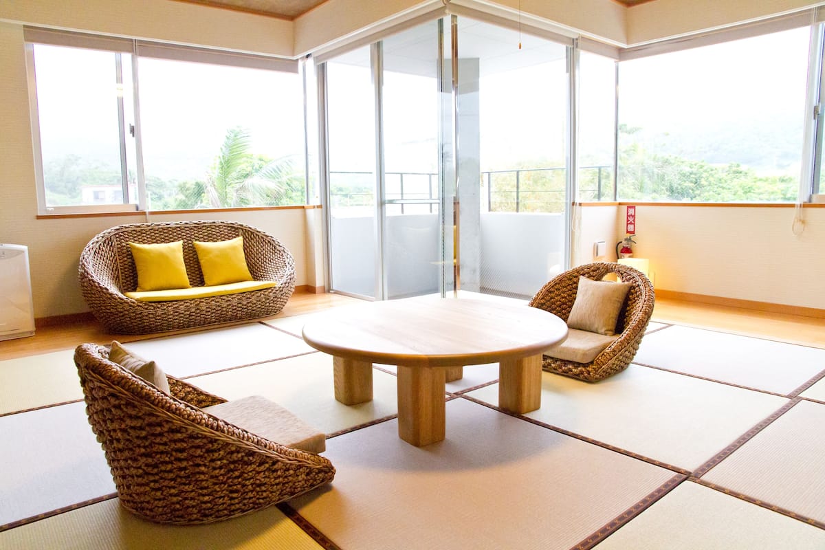 japanese traditional room with 4 futon, mountain view | desk, blackout curtains