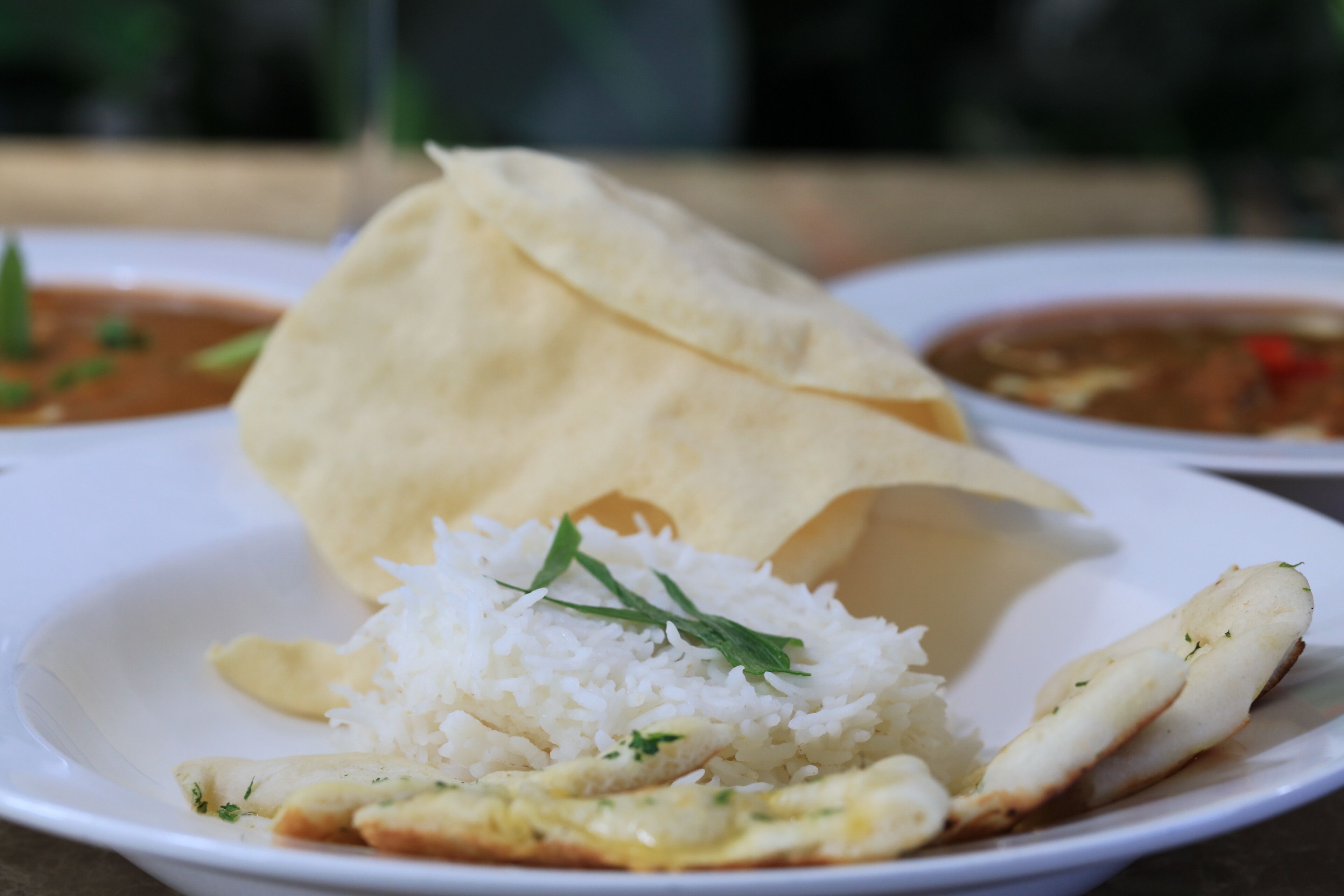 Ein Teller mit weißem Reis, einem Fladenbrot und einer kleinen Portion eines Gerichts, das wie ein Curry oder ein Eintopf aussieht.