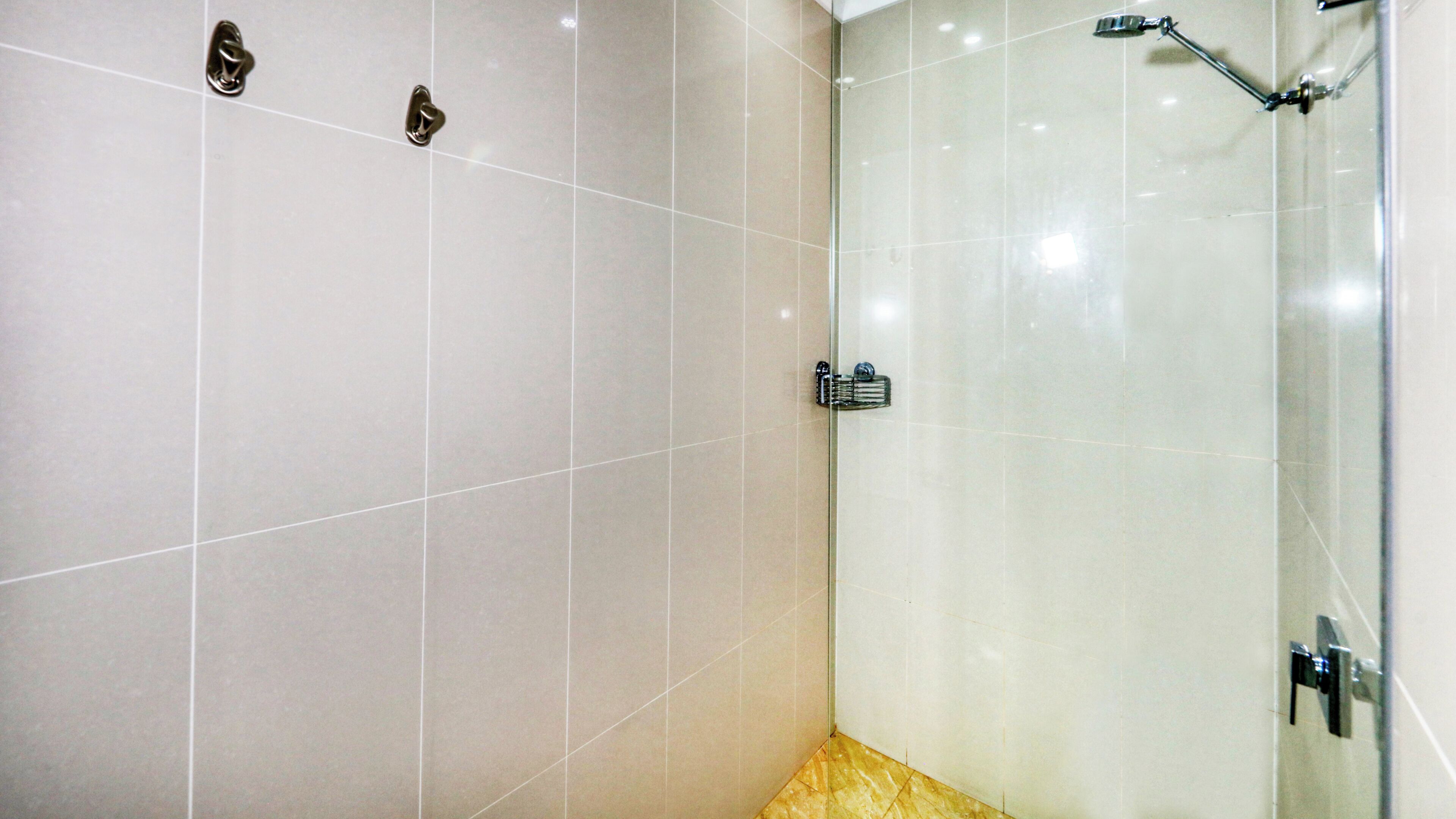 Un baño con cabina de ducha de vidrio, un perchero para toallas y un inodoro.