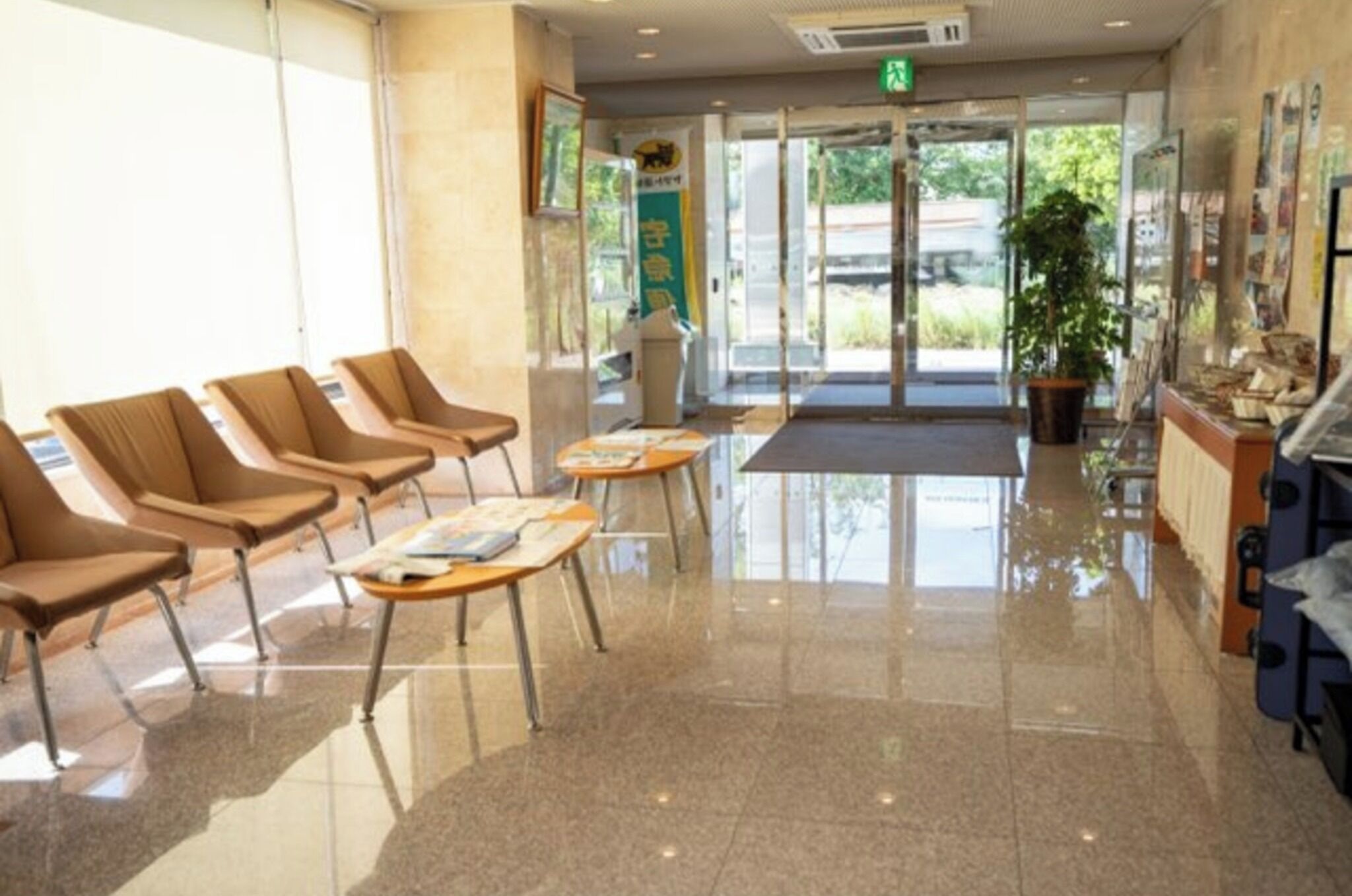 A reception area with a glass door entrance, a waiting area with chairs and tables, and a potted plant near the entrance.