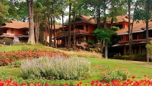 Un hotel con varias edificaciones, rodeado de abundante vegetación y un jardín cuidado con diversas plantas y flores.