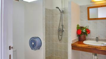 Un baño con inodoro, ducha, lavamanos y espejo.