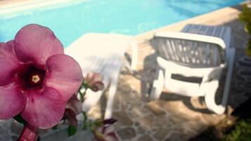 A pool area with a chair and a flower.