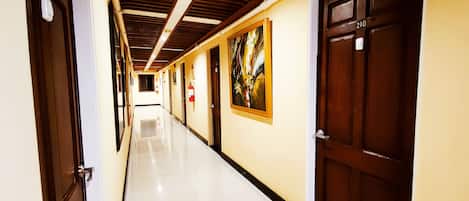A hallway with doors numbered 209 and 210, a fire extinguisher, and a painting on the wall.