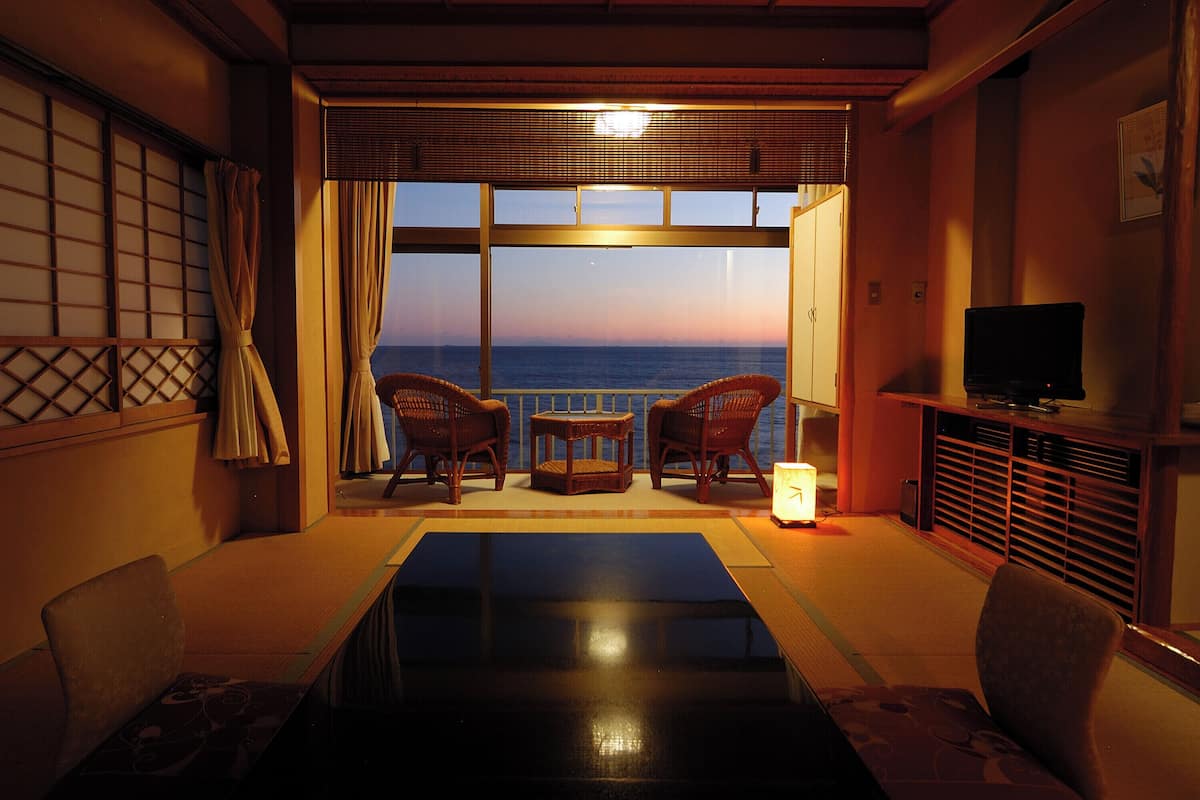 A room with a view of the sea, a television, and traditional furniture.