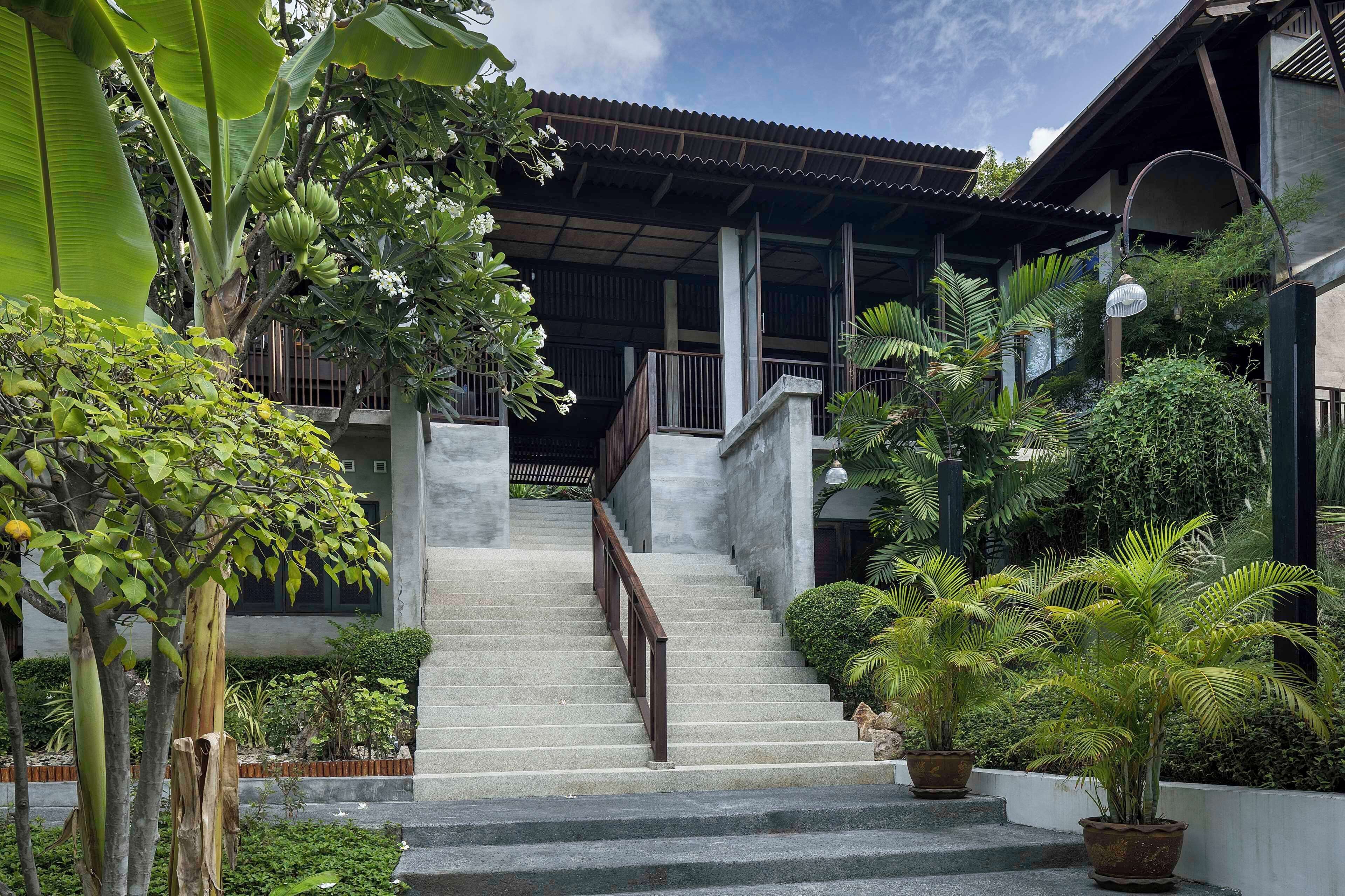 A staircase leading to a building with a traditional roof, surrounded by lush greenery and potted plants.