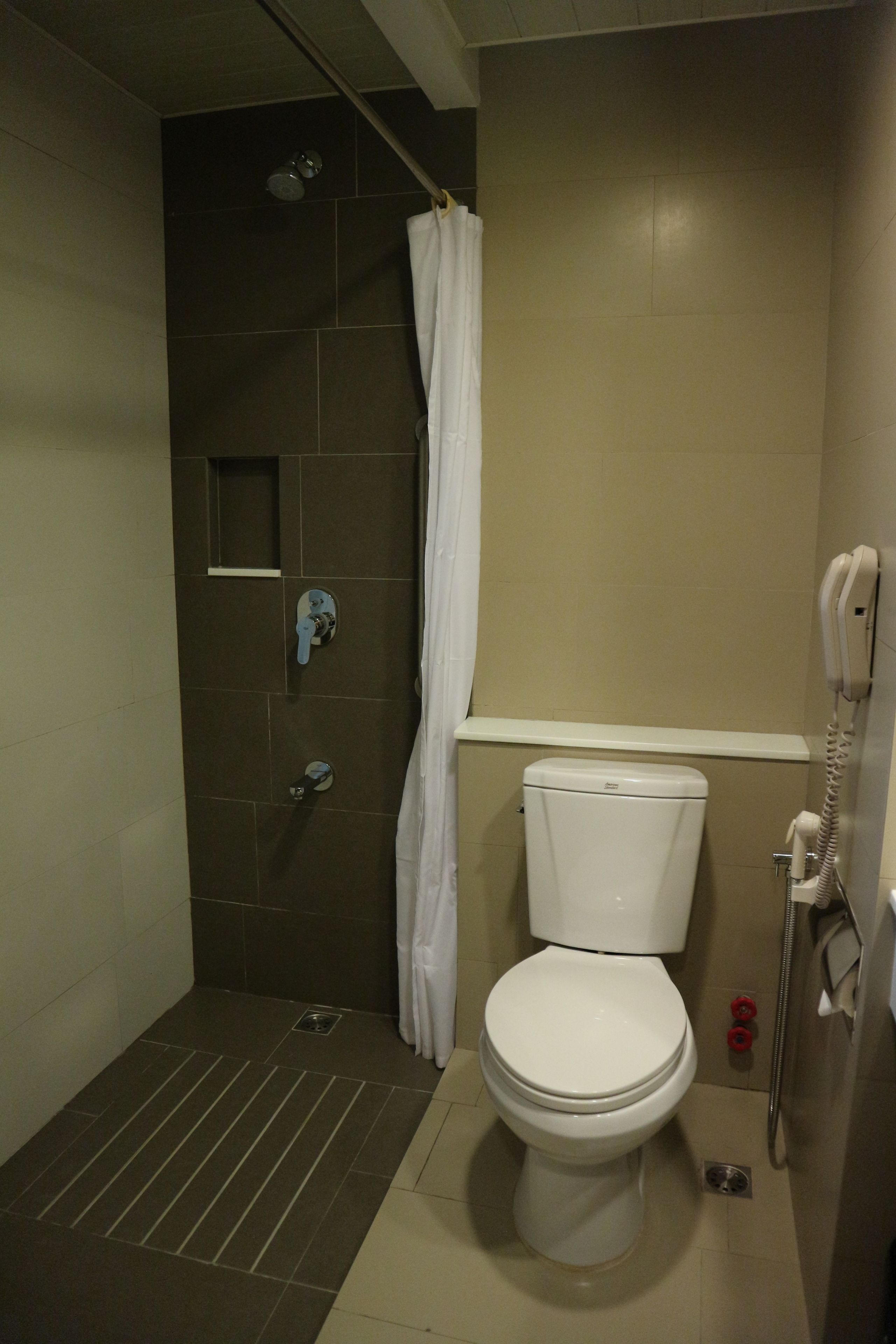 A bathroom with a shower, toilet, and a telephone.