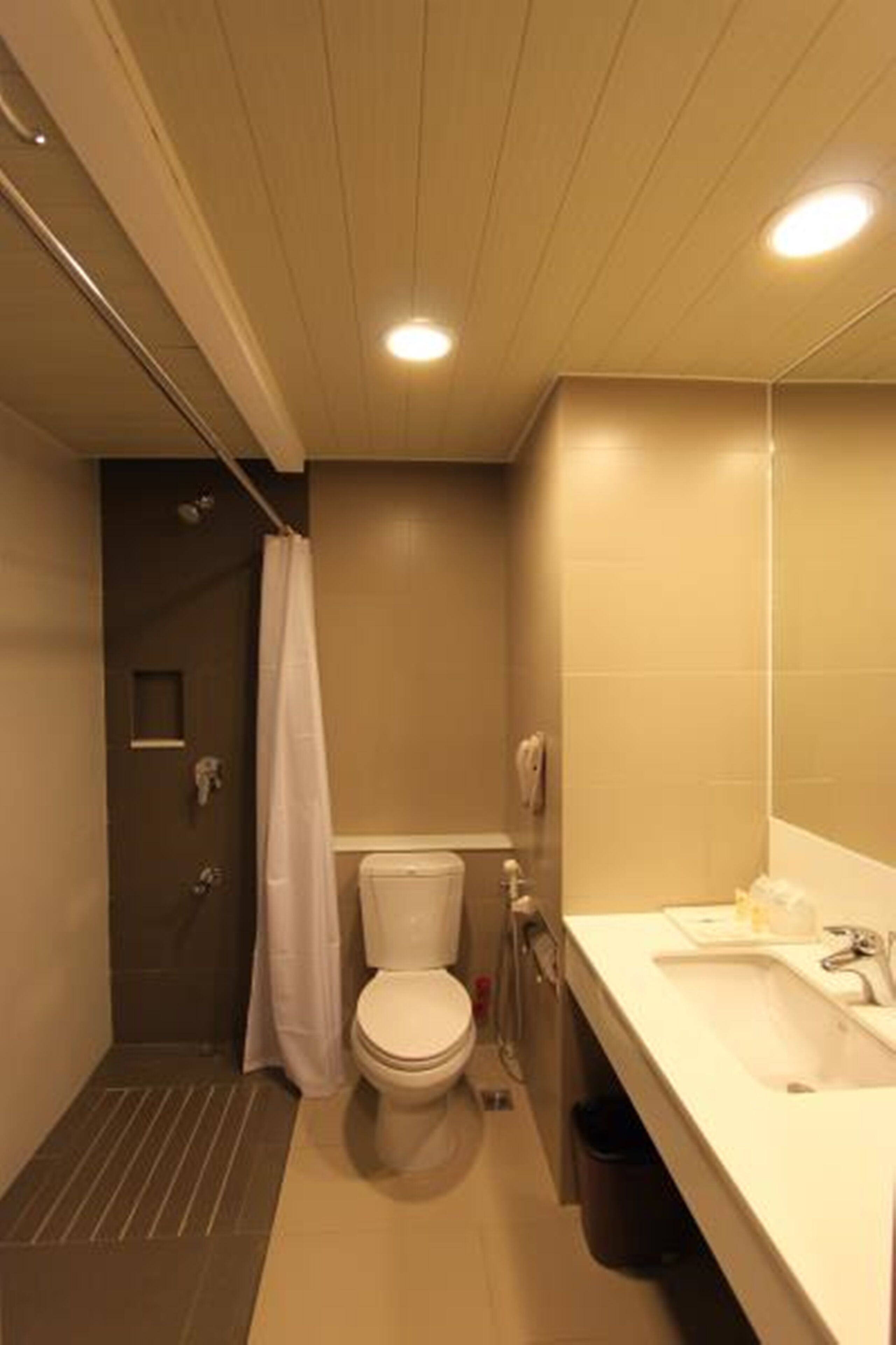 A compact bathroom with a toilet, shower, and sink.