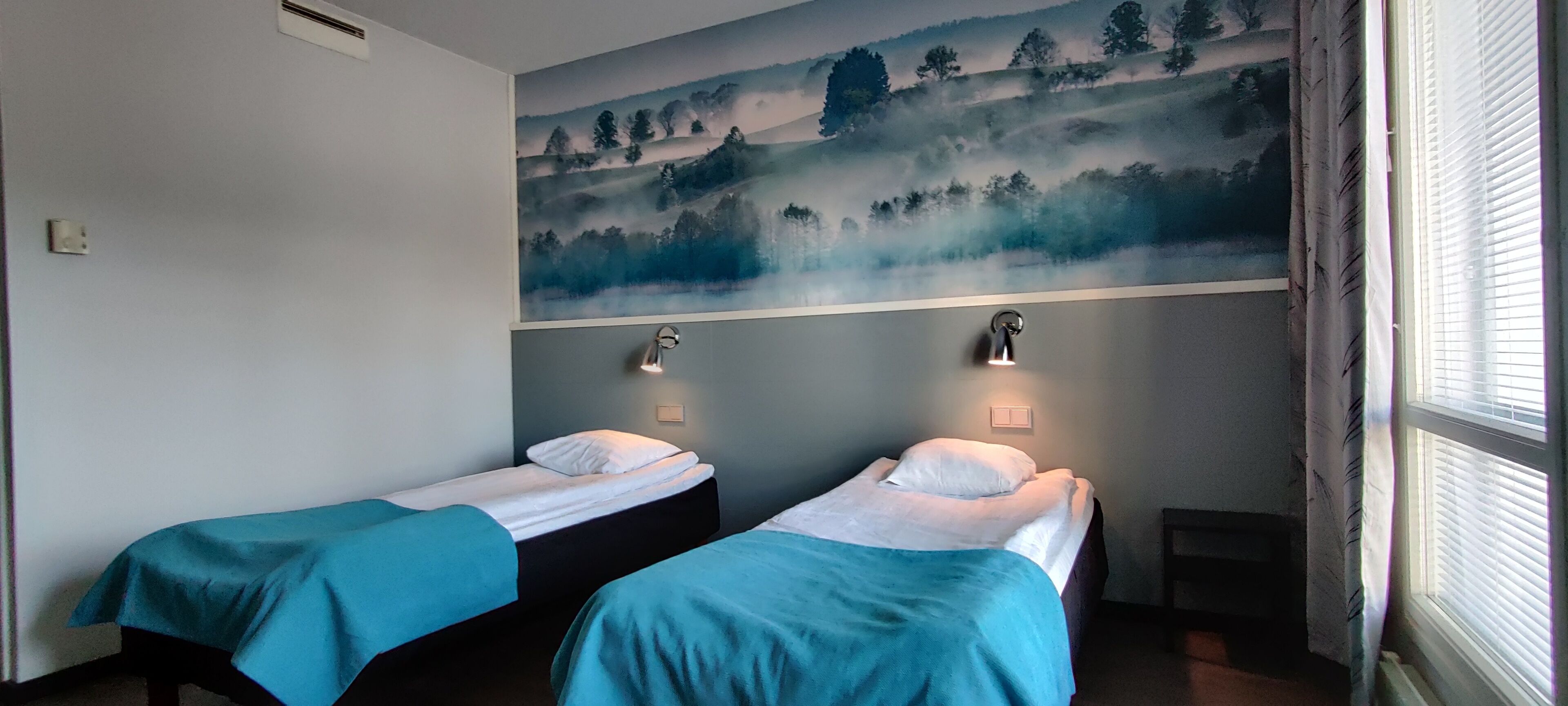 A room with two single beds, each with a blue bedspread and white pillows, under a large wall mural depicting a misty landscape.