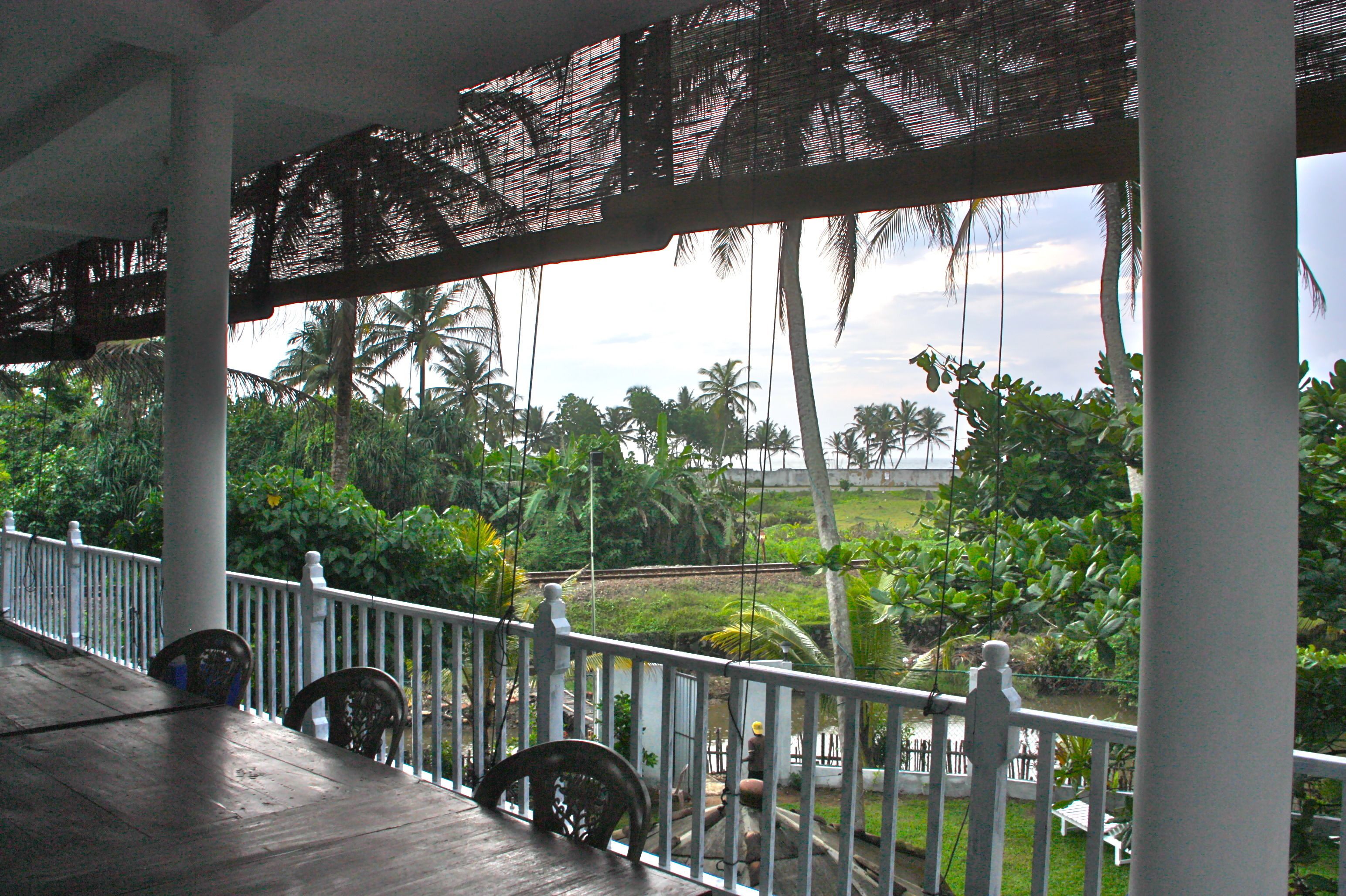 A covered outdoor area with a wooden deck, white railing, and a view of palm trees and greenery.