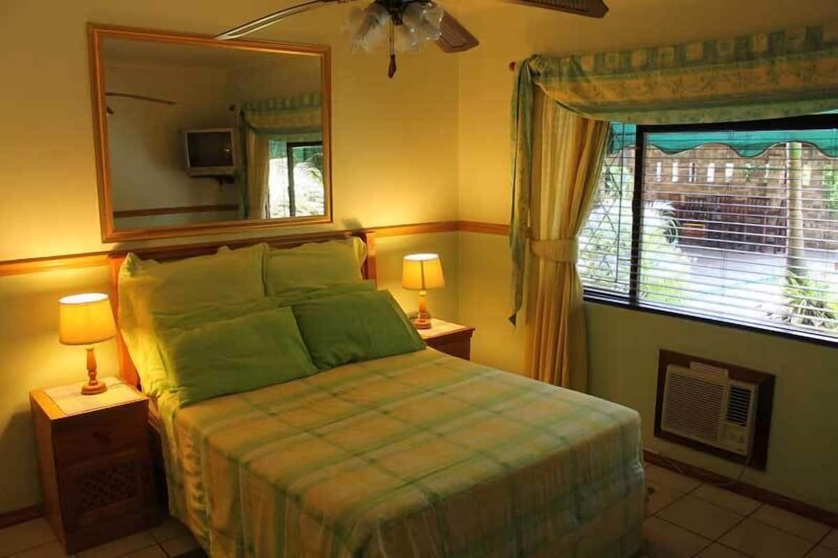 A bedroom with a bed, two bedside lamps, a ceiling fan, a window with curtains, a mirror, and a television on the wall.