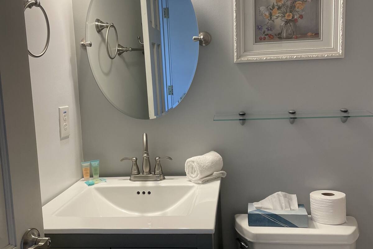 Un baño con un lavamanos blanco, un espejo redondo, un inodoro y un cuadro con flores enmarcadas en la pared.