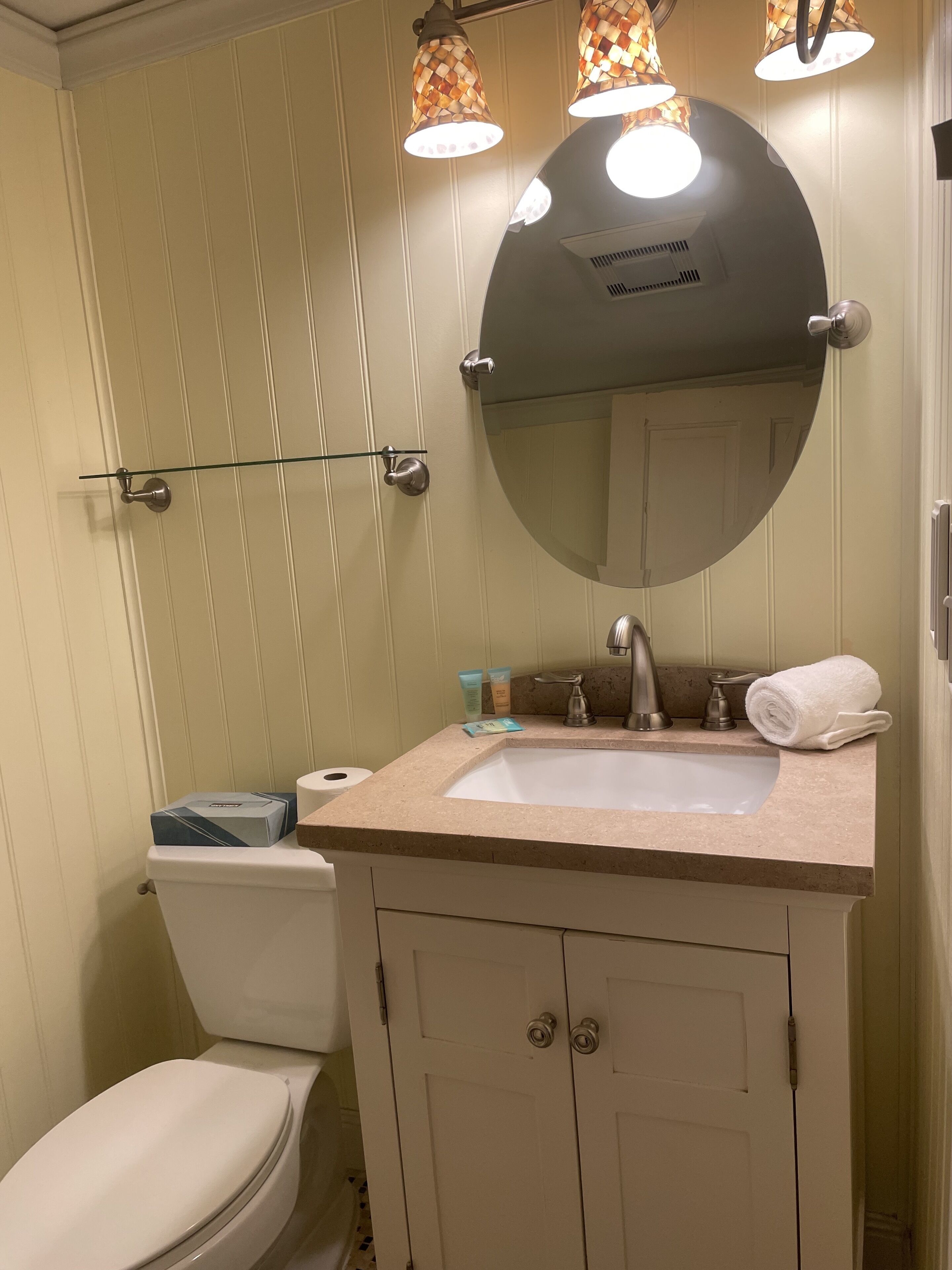 Une salle de bain avec des toilettes, un lavabo et un miroir.