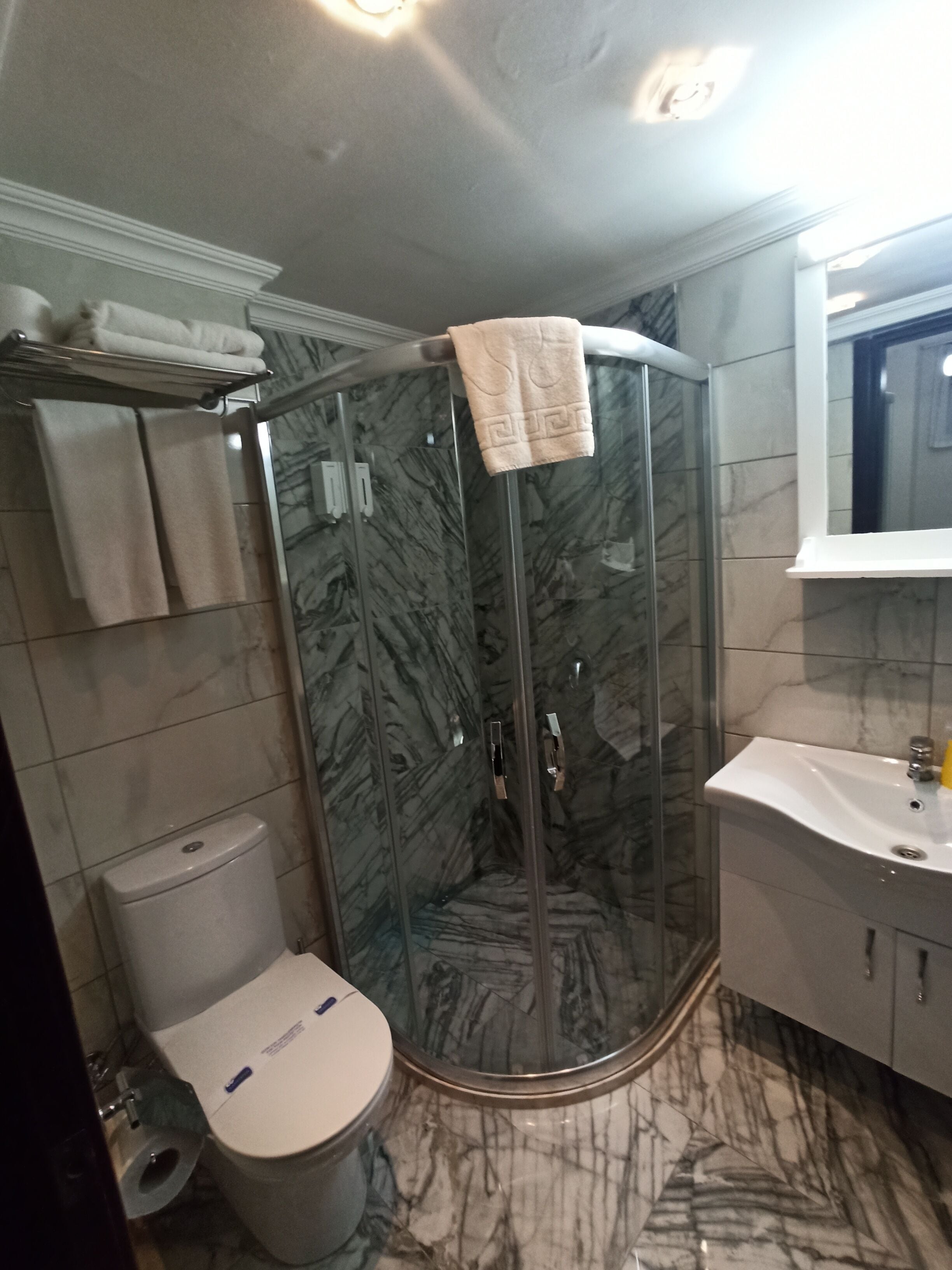 Une salle de bain avec une douche à parois de verre, des toilettes, un lavabo et un miroir.