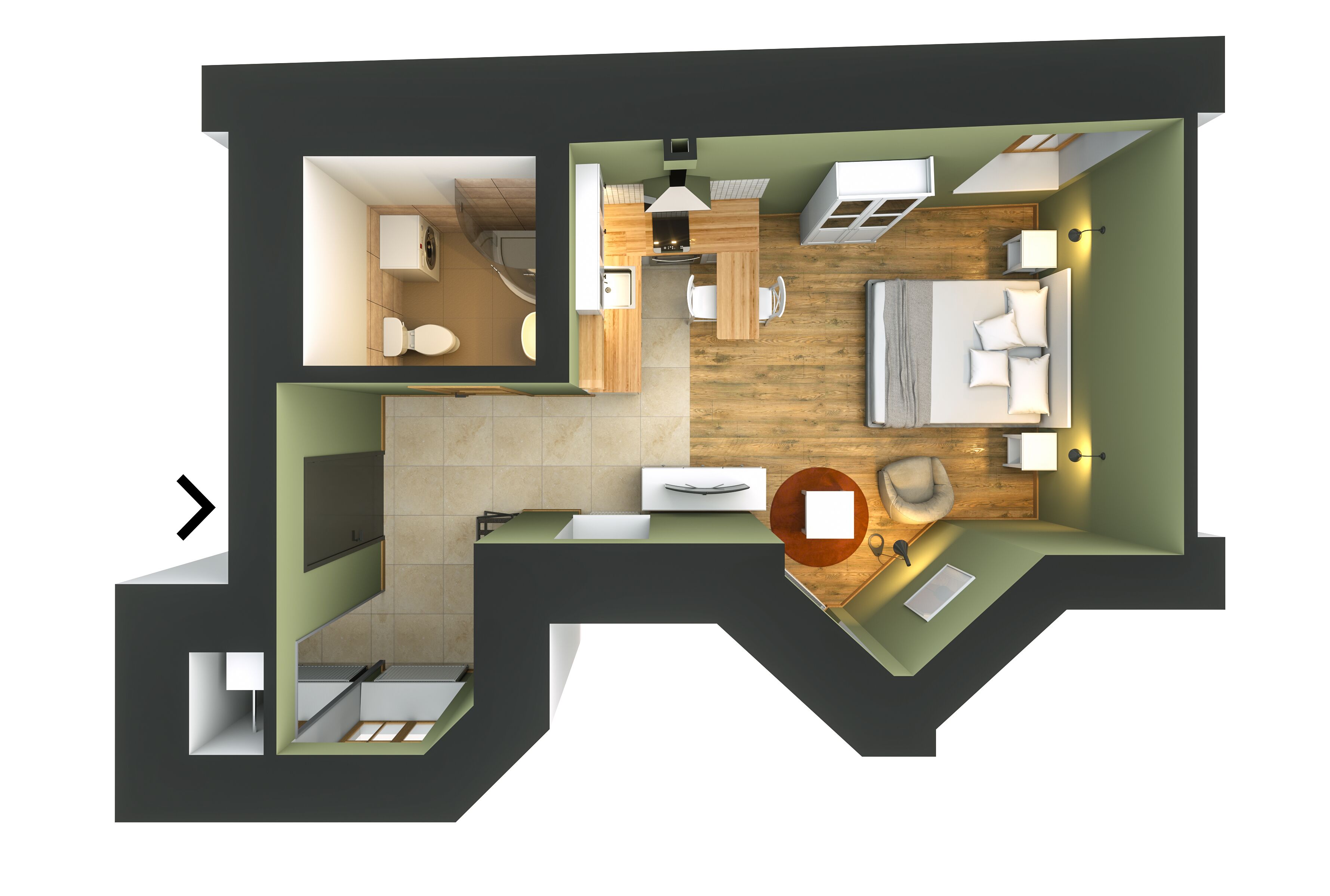 Plano de planta en 3D de un apartamento moderno con cocina, comedor, sala de estar y un dormitorio.