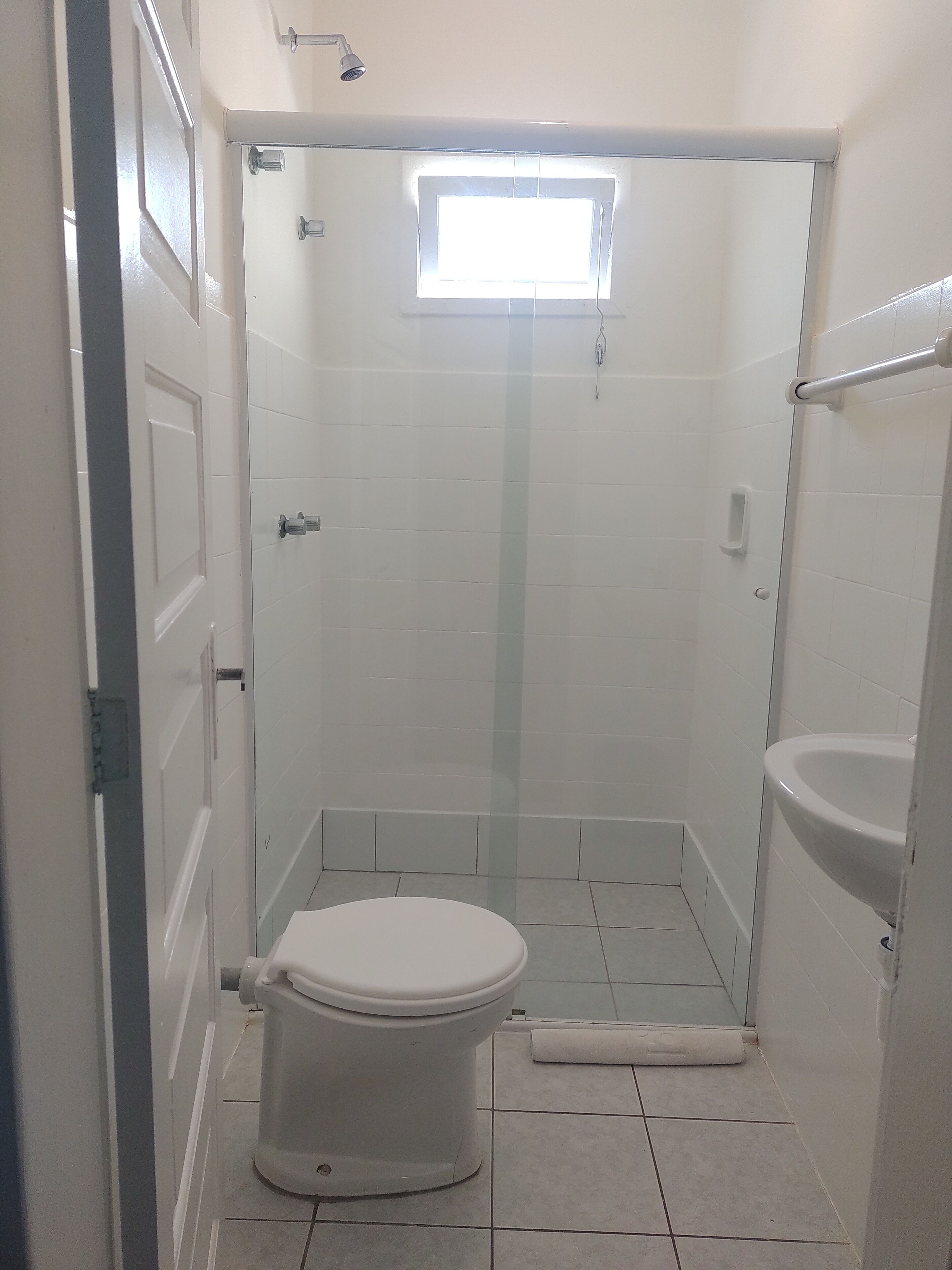 Un baño con inodoro, zona de ducha y lavabo.