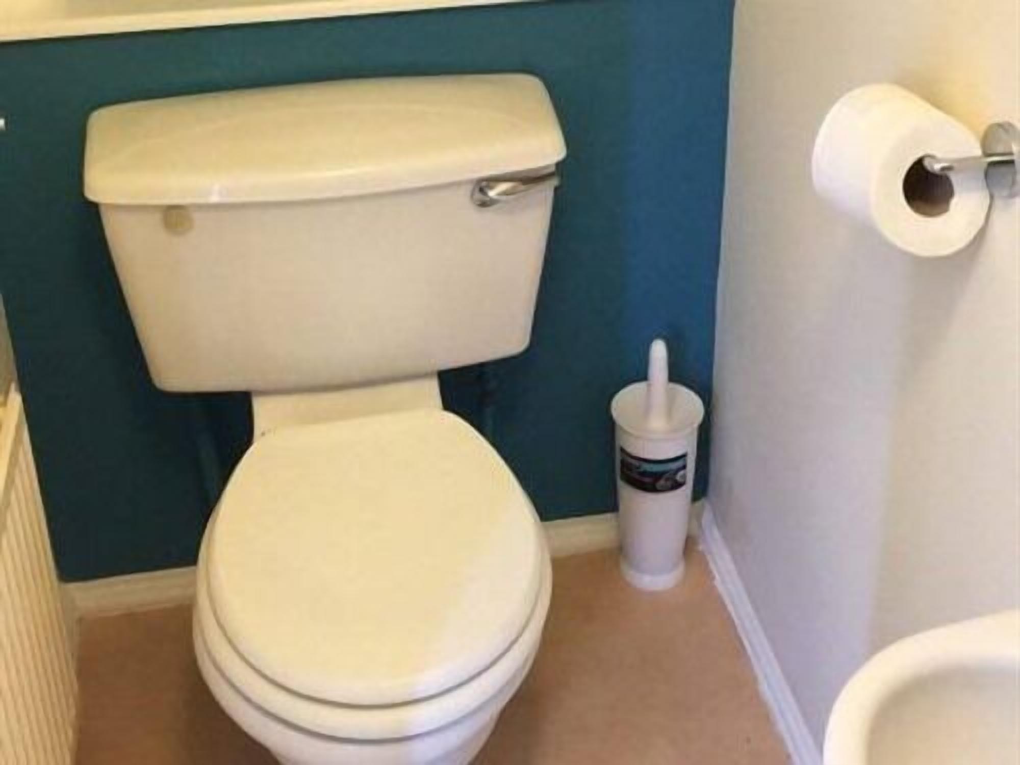 Eine Toilette mit weißem Deckel und Tank, einem Toilettenpapierhalter und einer WC-Bürste.