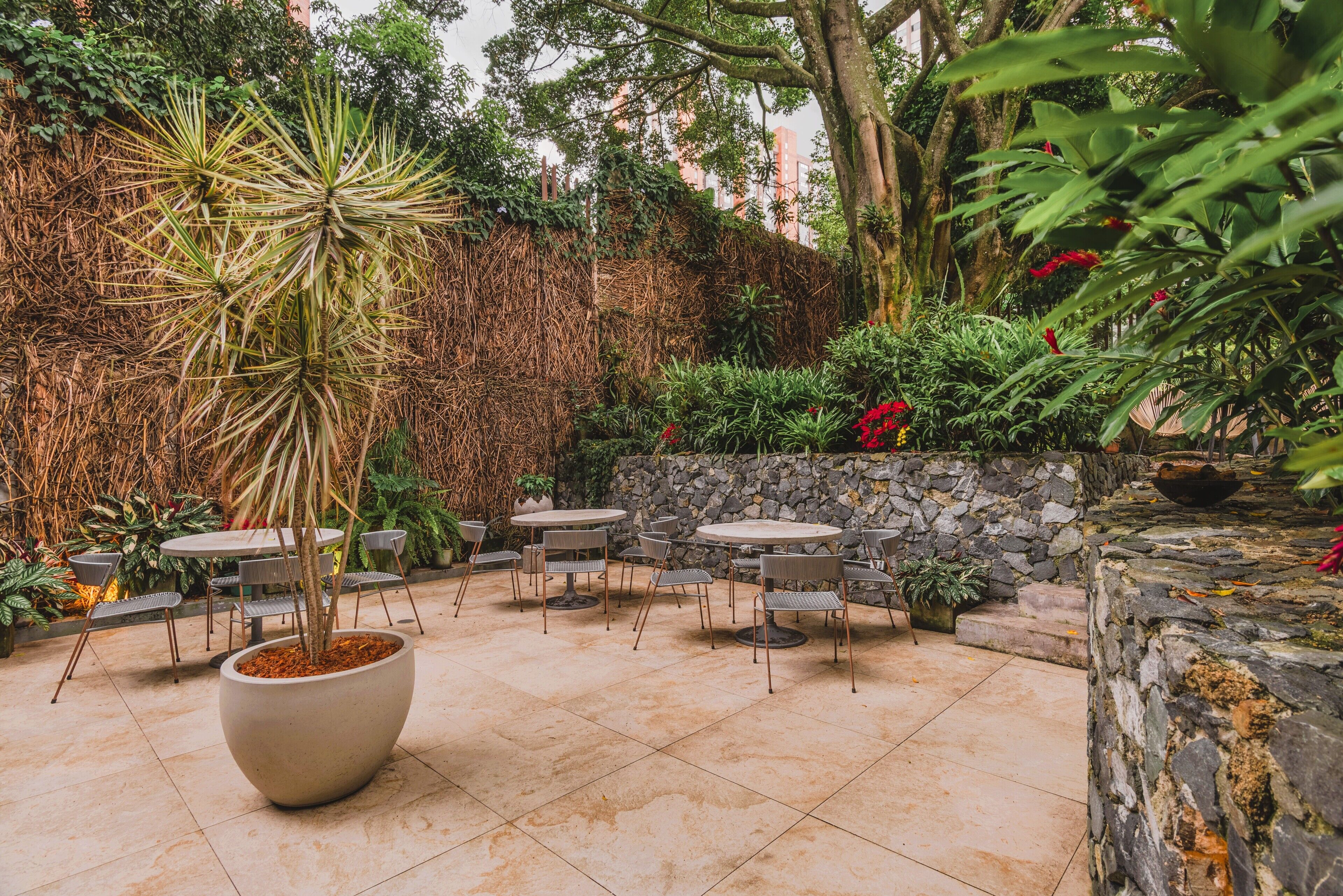 Un espace extérieur aménagé en terrasse, avec des tables et des chaises rondes, entouré de plantes en pot et d’un mur de pierre.