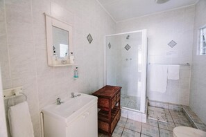 Shower, free toiletries, hair dryer, towels