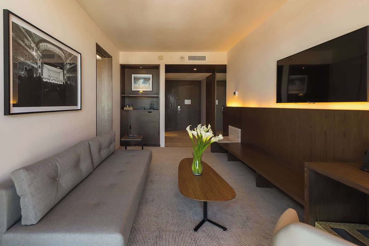 Un hall d’hôtel moderne avec un canapé gris, une table basse en bois surmontée d’un vase de fleurs, un téléviseur à écran plat et un tableau encadré accroché au mur.