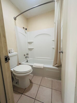 Een badkamer met toilet, bad en douchegordijn.