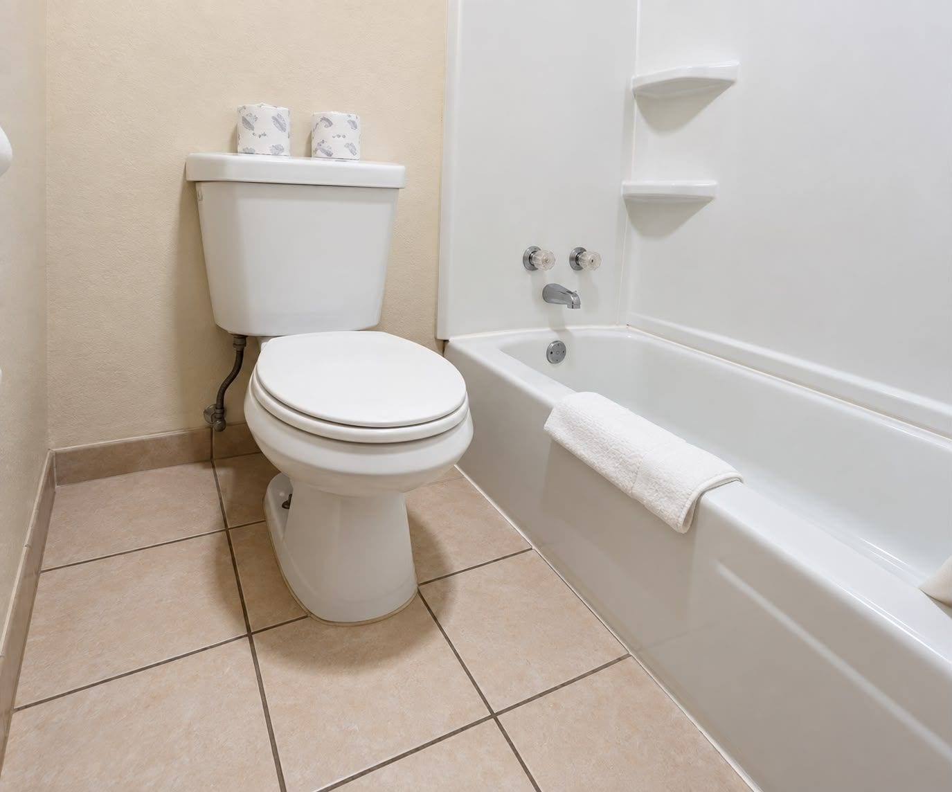 A bathroom with a toilet, a bathtub, and a toilet paper holder.