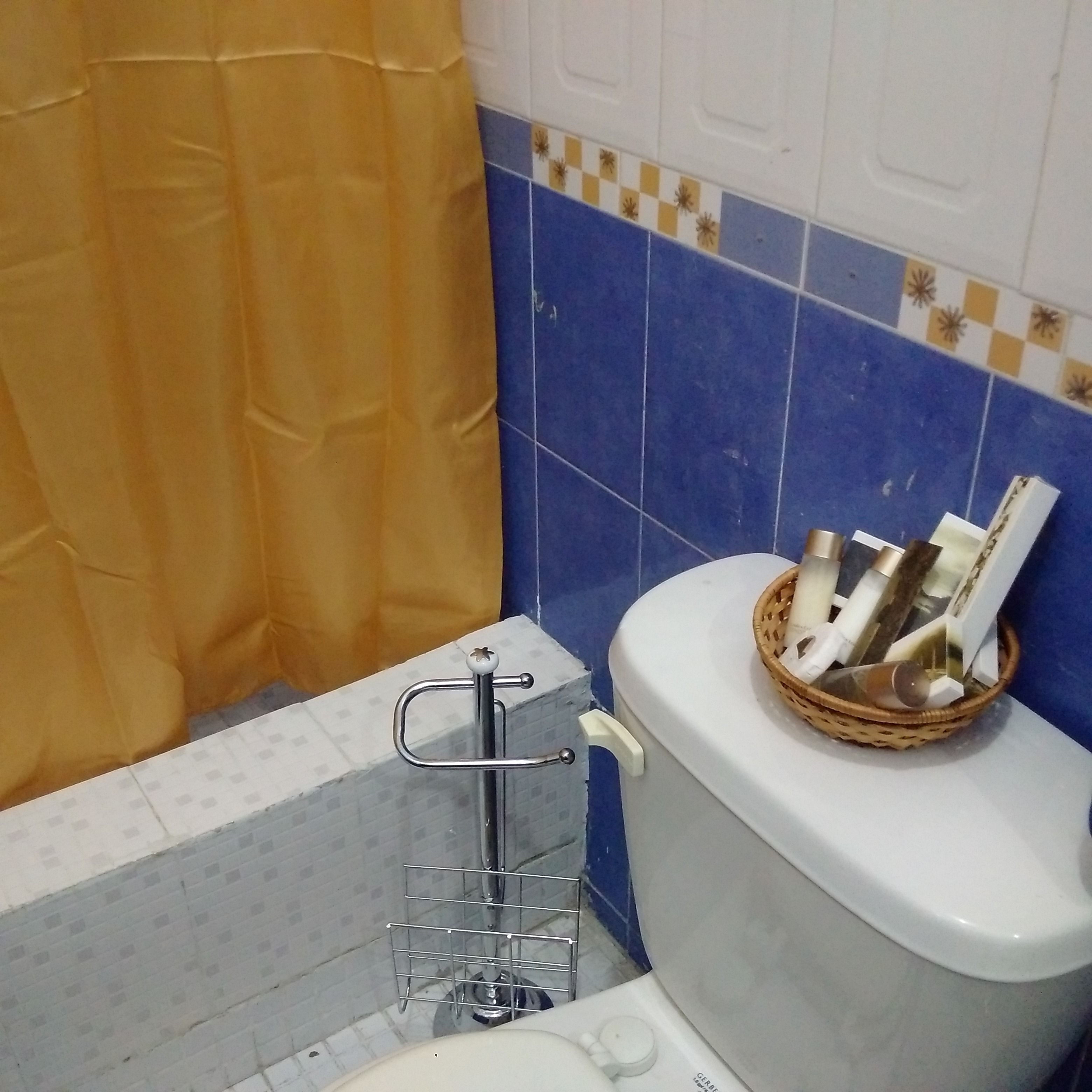 A bathroom with a white toilet, a shower curtain, and a blue tiled wall.