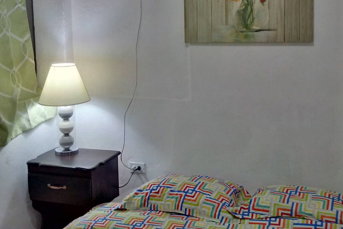 A bedroom with a bed, a nightstand with a lamp, a wall-mounted air conditioner, and a floral painting.