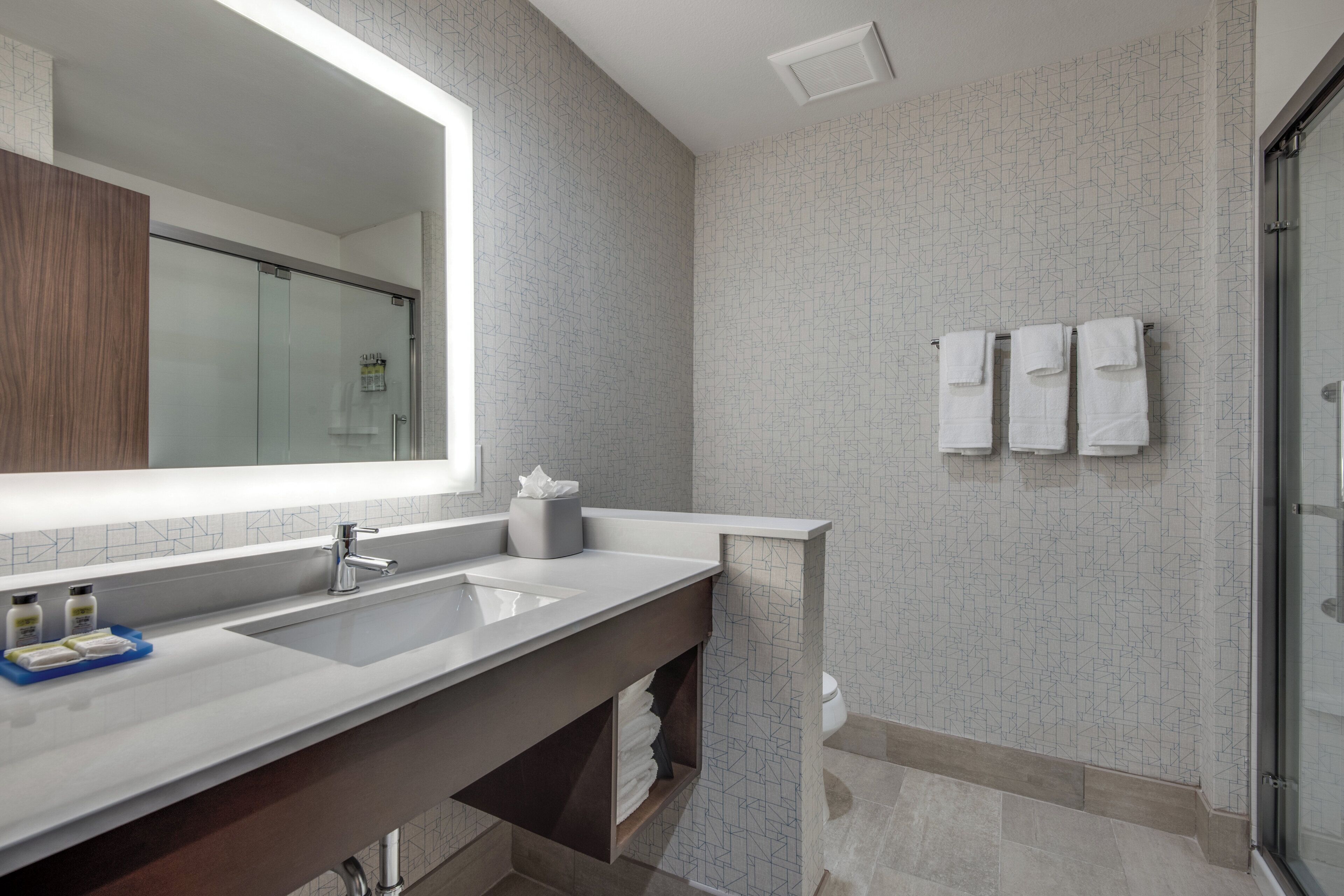 A modern bathroom with a large mirror, two sinks, a towel rack, and a shower area.