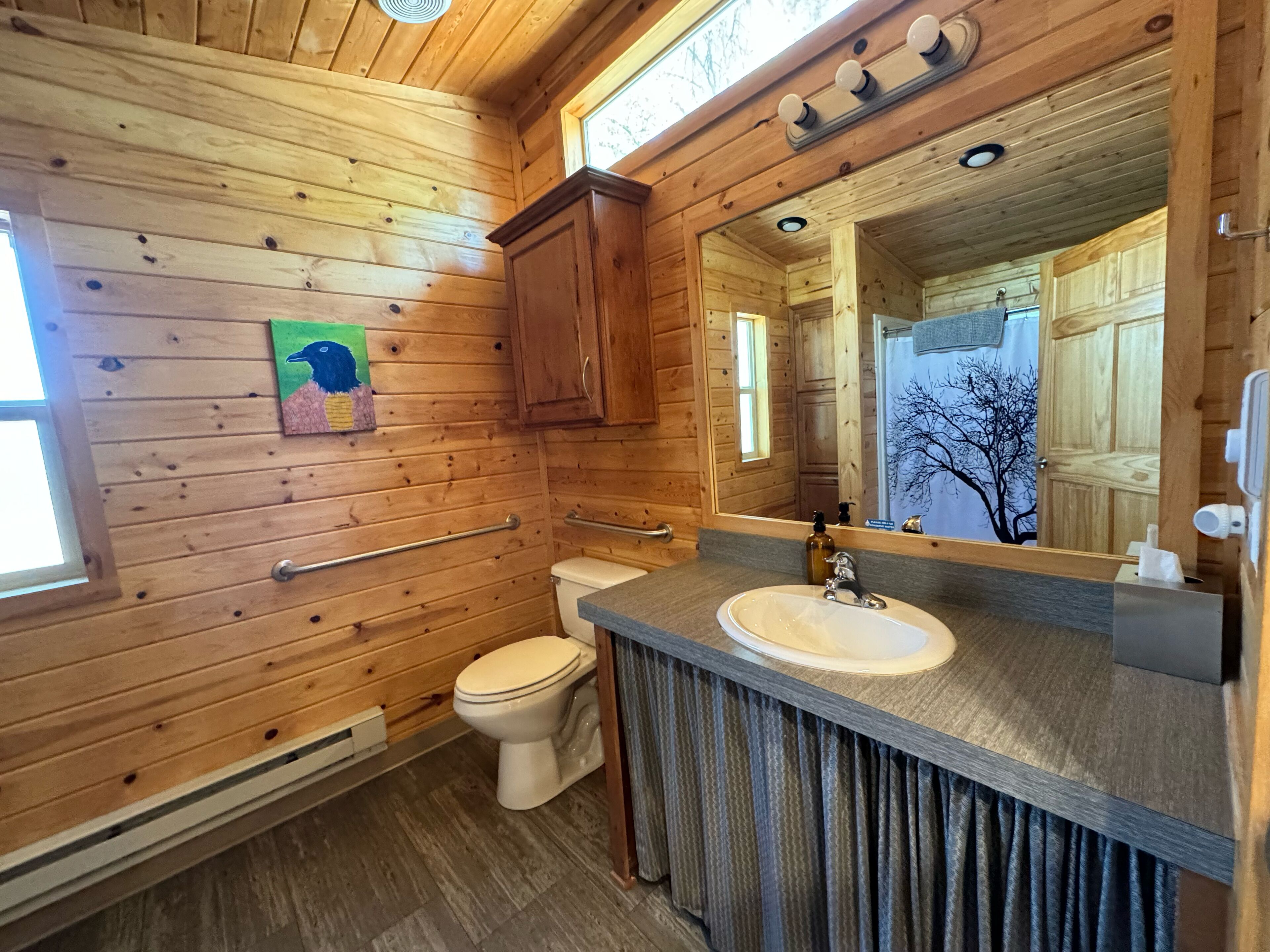 Ein Badezimmer einer Holzhütte mit einem Holzausleger, einer Toilette und einem großen Spiegel.