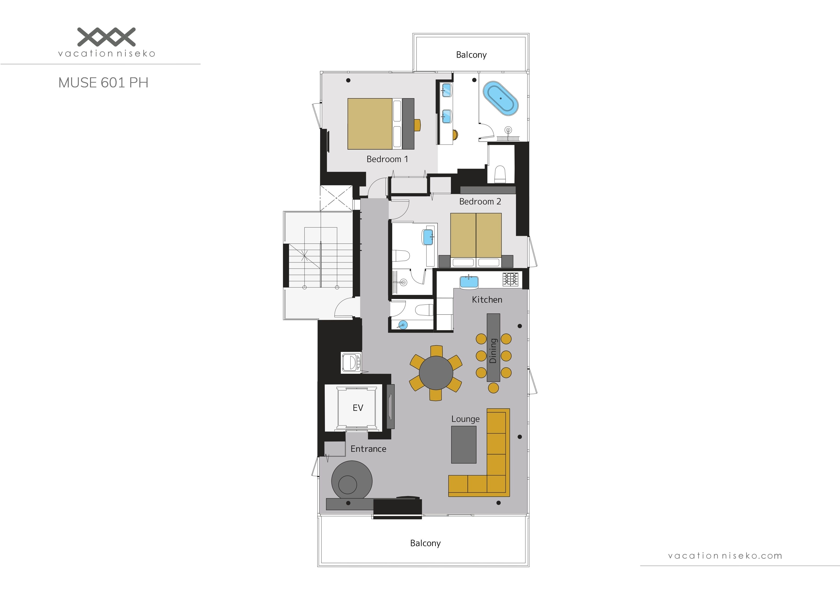 A floor plan of a hotel with two bedrooms, a balcony, a lounge, a dining area, a kitchen, and an entrance.