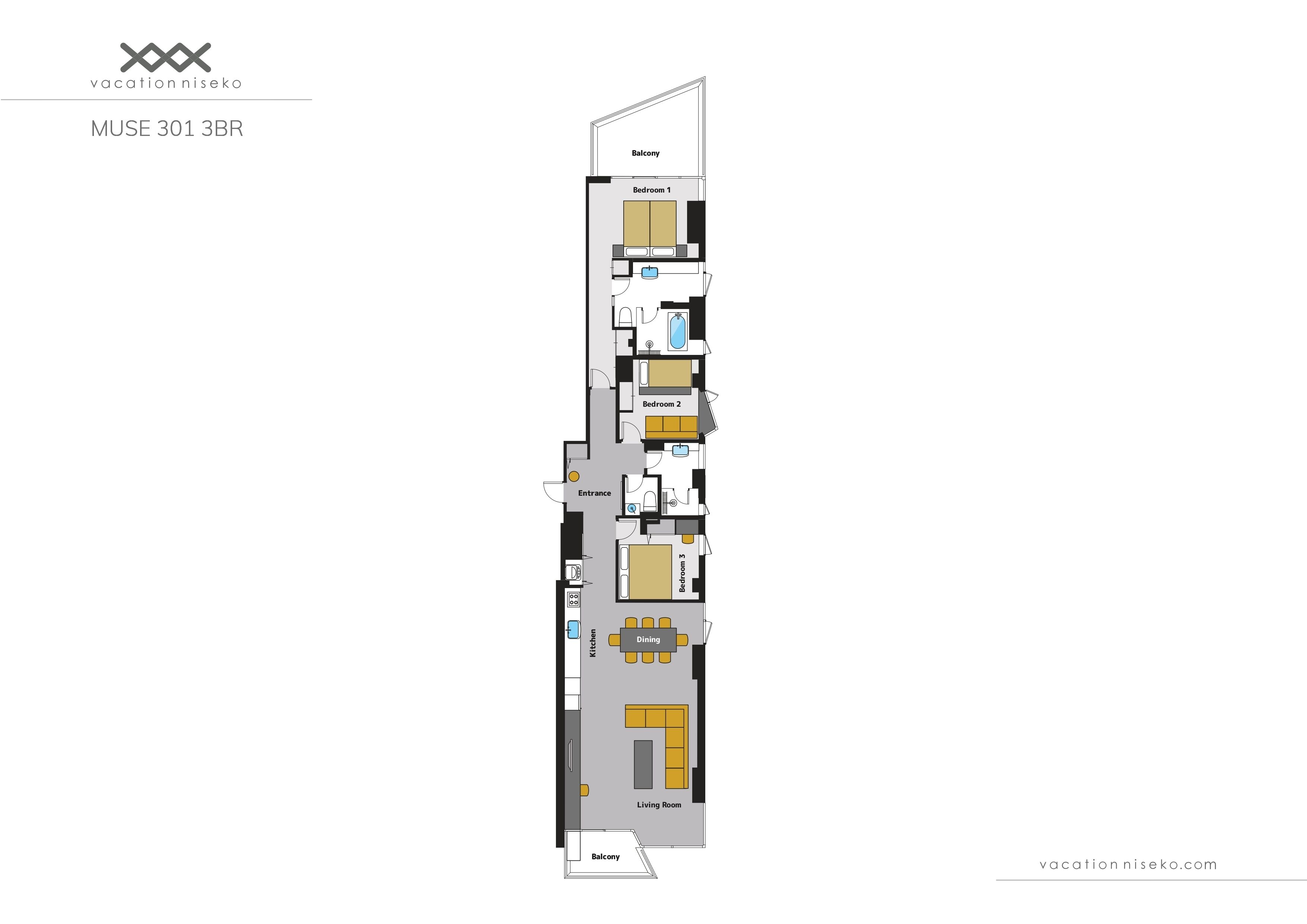 Grundplan for en 3-værelses lejlighed med balkon, spiseområde, køkken og stue.