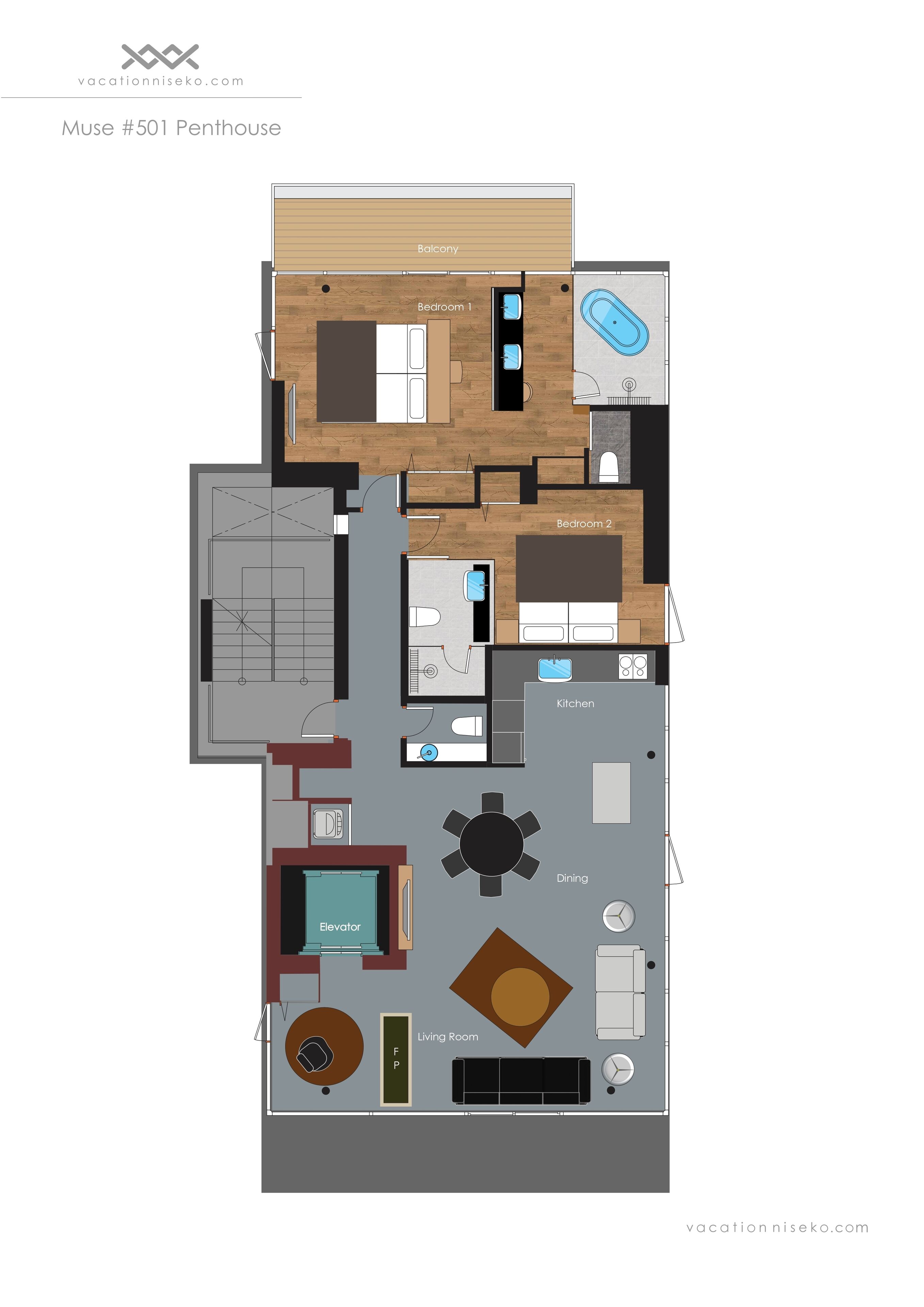 A penthouse layout with two bedrooms, a balcony, a kitchen, dining area, living room, and a pool.