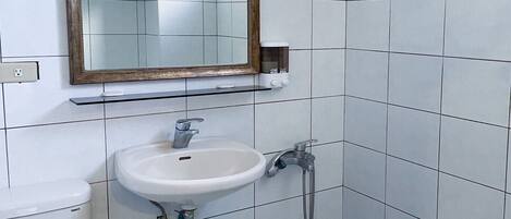 Un baño con inodoro blanco, lavabo con espejo y zona de ducha.