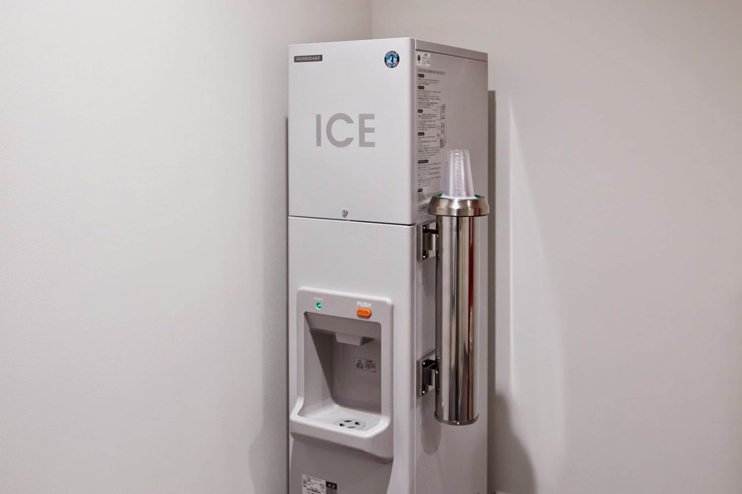 A white ice dispenser with a push button and a water fountain.