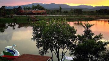 A serene lakeside view with a swan sculpture, a wooden dock, and a resort named TimberlandFruitResort in the background.
