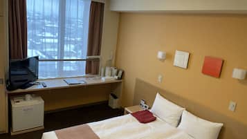 Desk, laptop workspace, blackout curtains, iron/ironing board