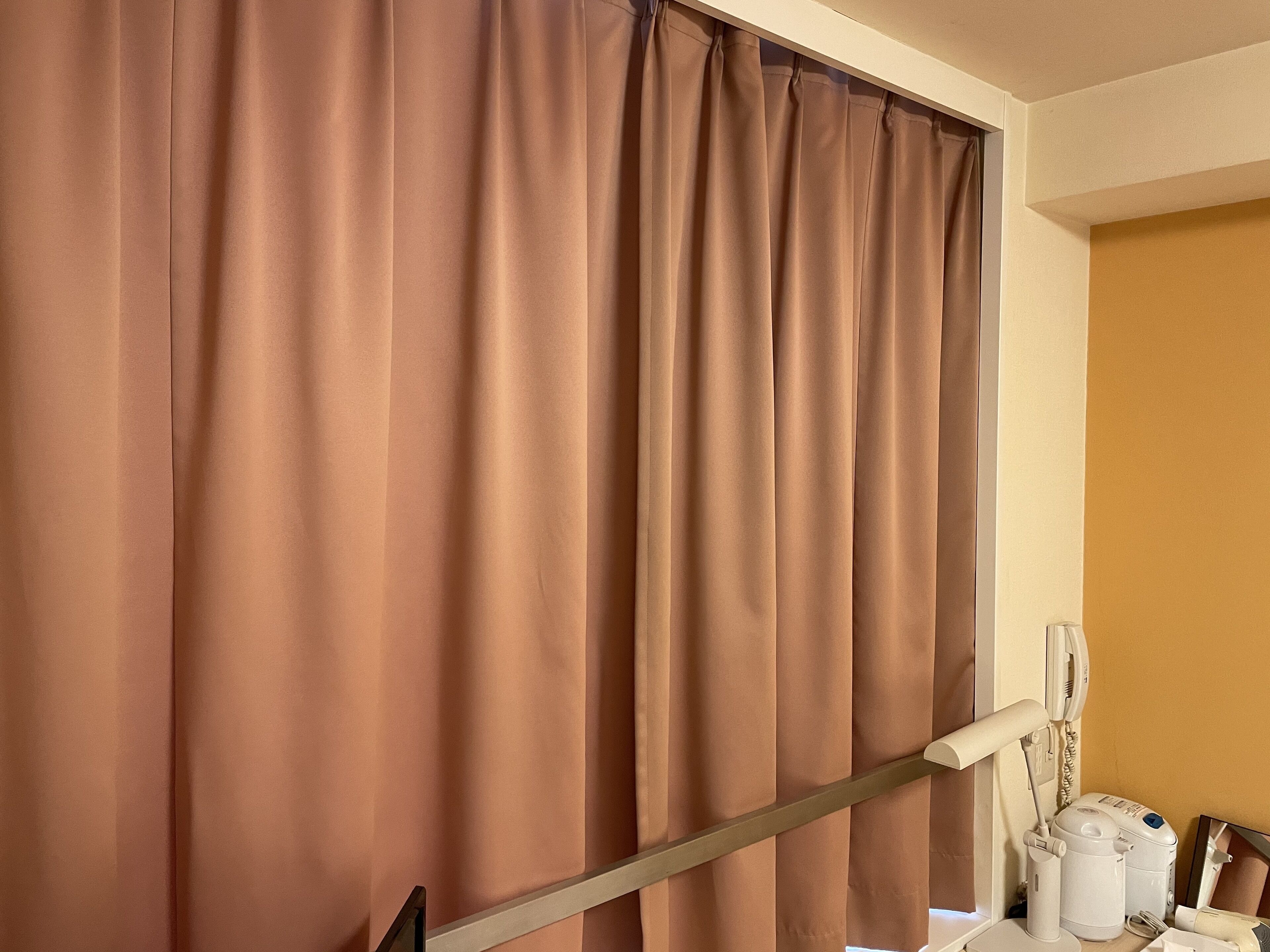 desk, laptop workspace, blackout curtains, iron/ironing board