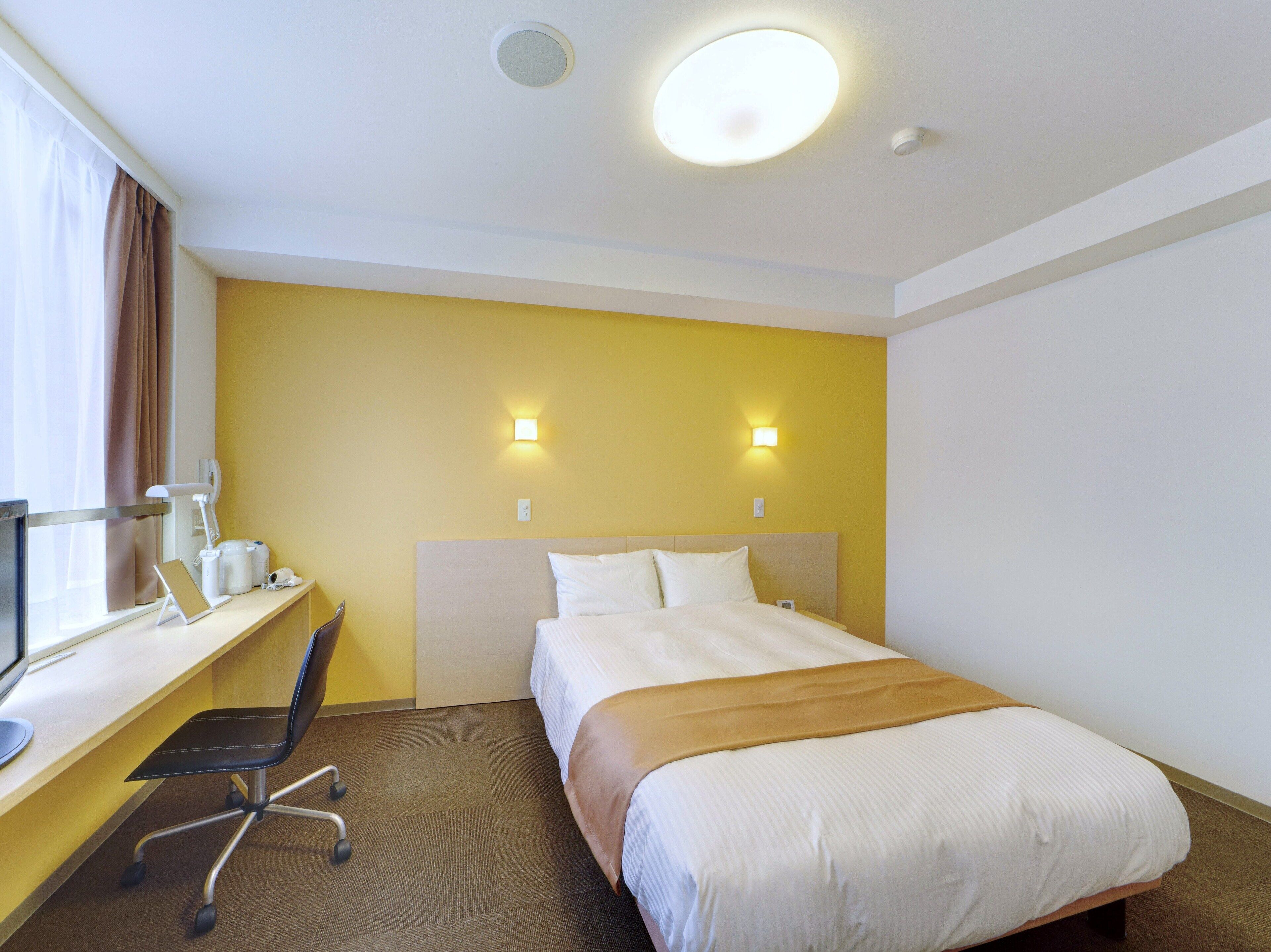 desk, laptop workspace, blackout curtains, iron/ironing board