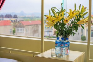 Una ventana con vistas a edificios y montañas, un jarrón con flores amarillas y botellas de agua sobre una mesita.