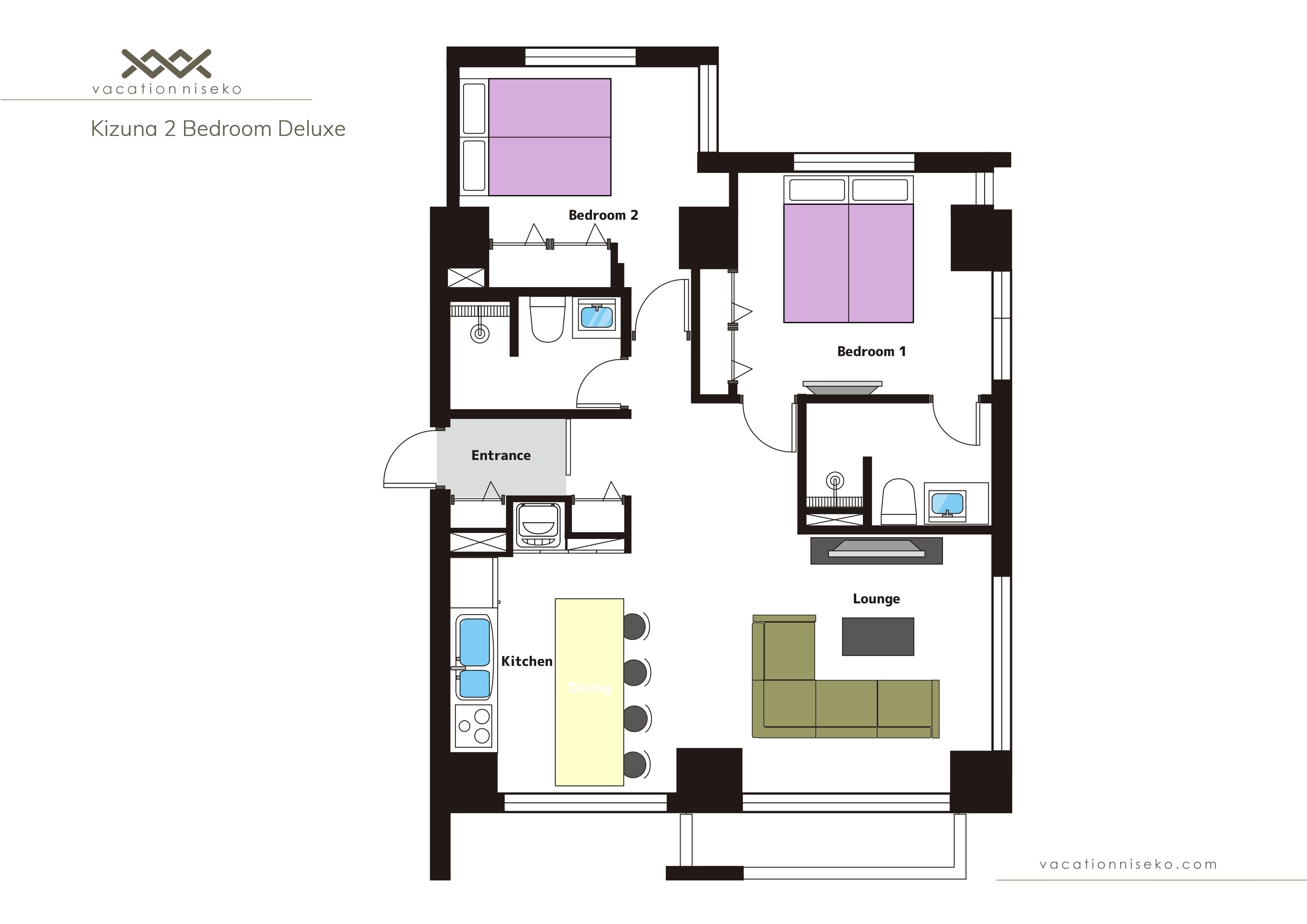 A floor plan of a 2-bedroom deluxe apartment with a kitchen, dining area, lounge, and two bedrooms.