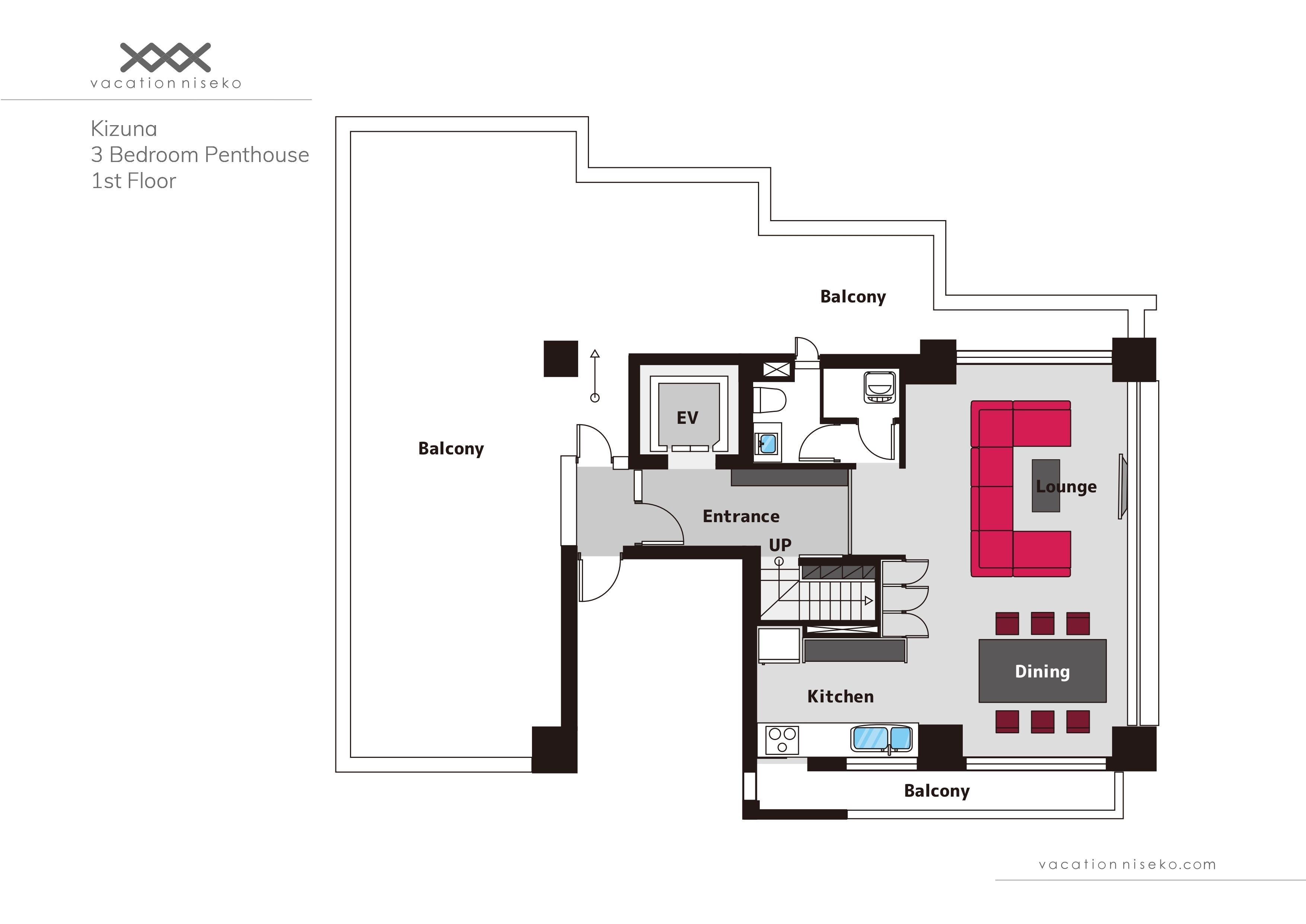 A 3-bedroom penthouse on the 1st floor with a balcony, lounge, dining area, kitchen, and an entrance.