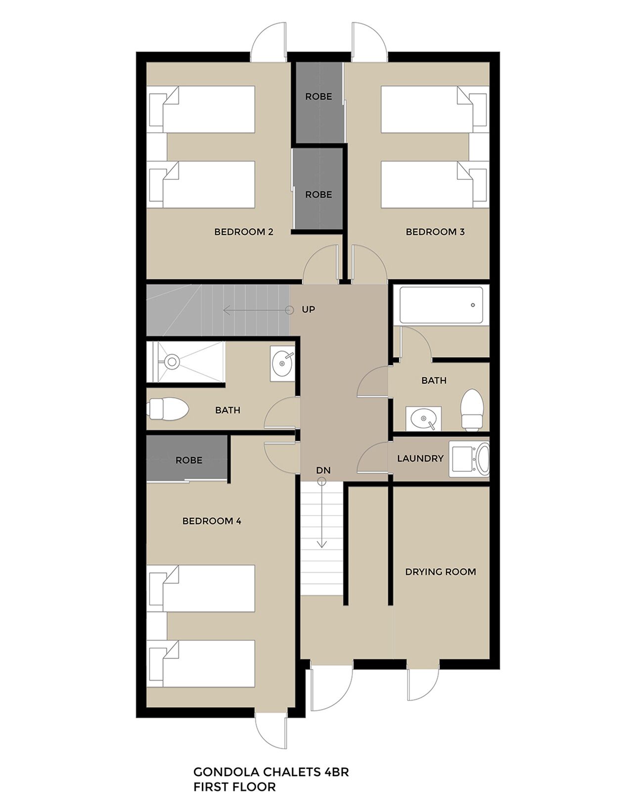 A floor plan of a 4BR condo with 2 bedrooms, 2 bathrooms, a laundry area, and a drying room.