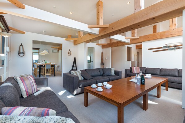 Chalet, 5 Bedrooms | Living area | Flat-screen TV, DVD player